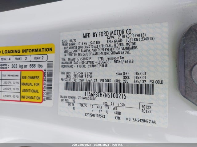 Ford Mustang Ecoboost Premium Fastback 2022 1FA6P8TH7N5100215 Image 9