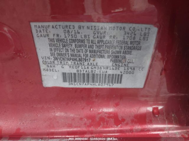 3N1CN7AP4HL807917 Nissan Versa 1.6 S/1.6 S+/1.6 Sl/1.6 Sv