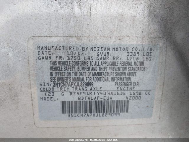 3N1CN7APXJL829099 Nissan Versa 1.6 S