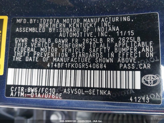 Toyota CAMRY LE 2016 4T4BF1FK0GR540684 Image 9