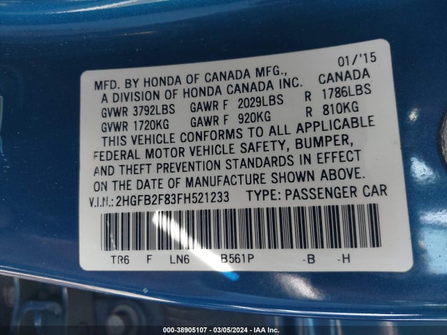 Honda CIVIC EX 2015 2HGFB2F83FH521233 Image 9