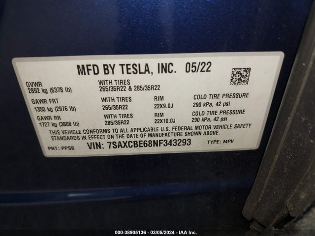 7SAXCBE68NF343293 Tesla Model X Plaid Tri Motor All-wheel Drive