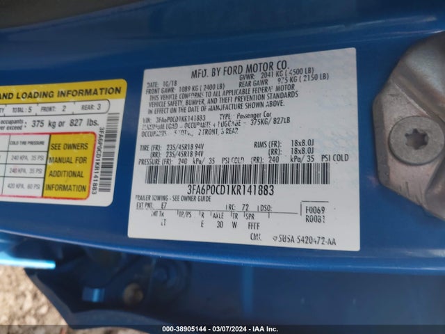 Ford FUSION SEL 2019 3FA6P0CD1KR141883 Image 9