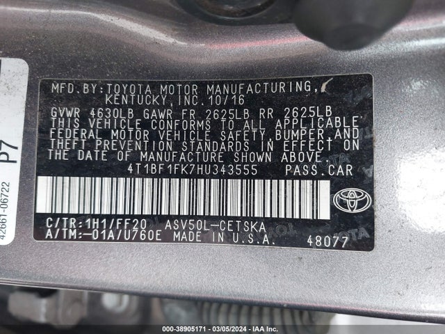 Toyota CAMRY SE 2017 4T1BF1FK7HU343555 Image 9