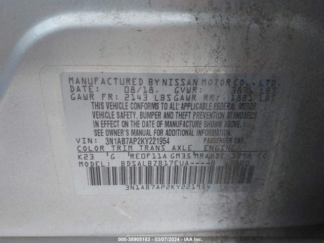 Nissan SENTRA S 2019 3N1AB7AP2KY221954 Image 9