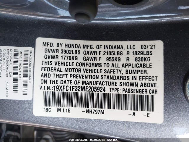 Honda CIVIC EX 2021 19XFC1F32ME205924 Image 8