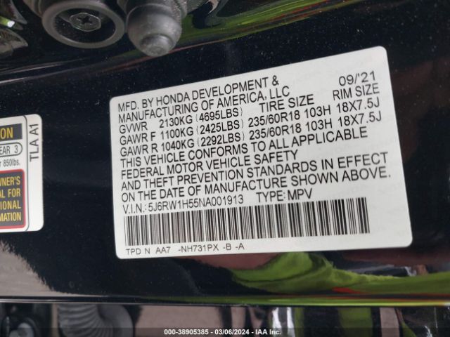 5J6RW1H55NA001913 Honda Cr-v 2wd Ex