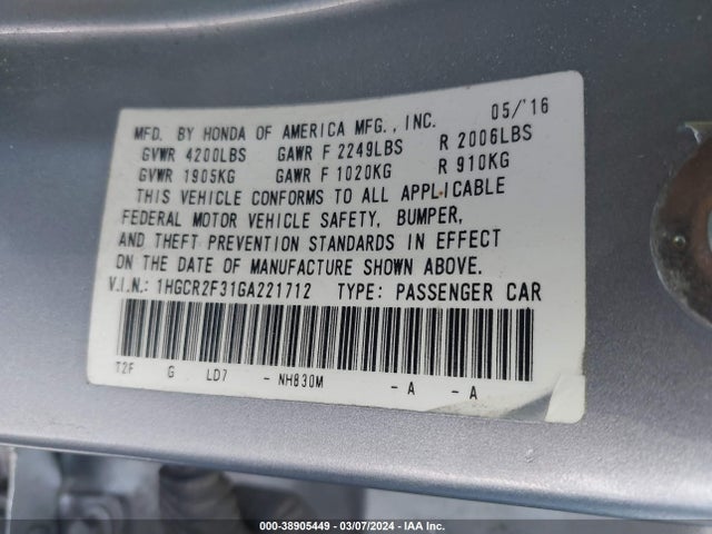Honda ACCORD LX 2016 1HGCR2F31GA221712 Image 9