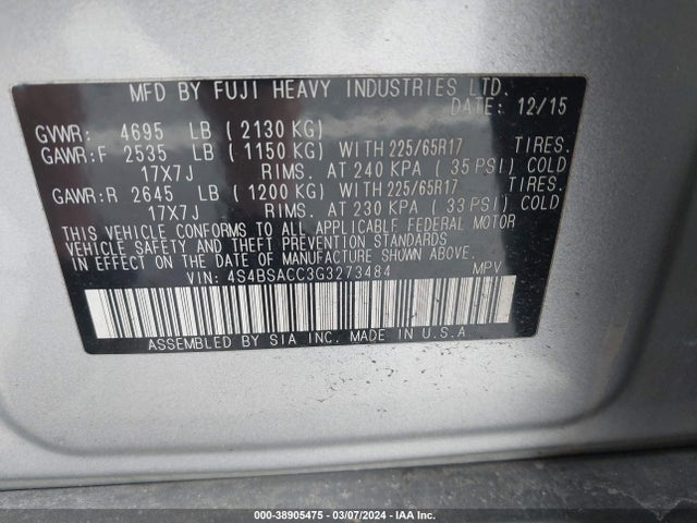 Subaru Outback 2.5i Premium 2016 4S4BSACC3G3273484 Image 9