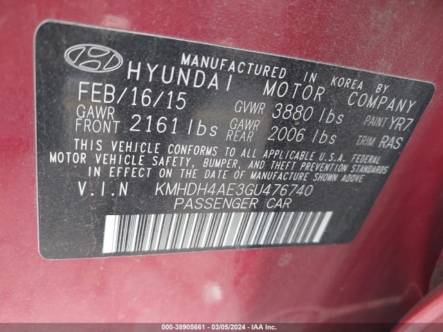 Hyundai ELANTRA SE 2016 KMHDH4AE3GU476740 Image 9