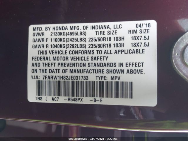 7FARW1H82JE031733 Honda Cr-v Ex-l/ex-l Navi