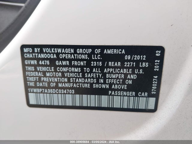 2013 VOLKSWAGEN PASSAT 2.5L SE VIN: 1VWBP7A35DC034703