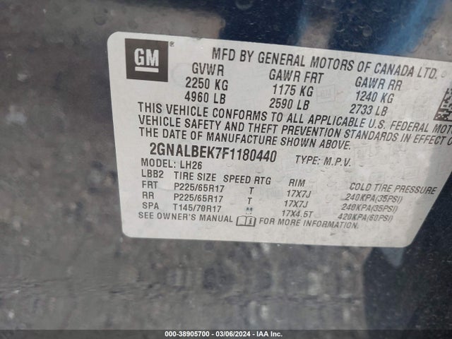 Chevrolet EQUINOX 1LT 2015 2GNALBEK7F1180440 Image 9