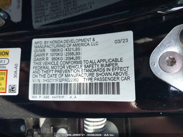 Honda ACCORD EX 2023 1HGCY1F32PA022360 Image 9