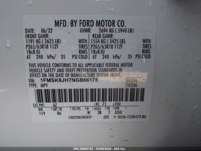 1FMSK8JH7NGB66175 Ford Explorer Timberline