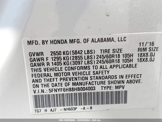 Honda Pilot Ex-l 2017 5FNYF6H88HB004003 Image 9