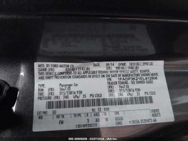 Продаж на аукціоні авто 2014 Ford Focus Se, vin: 1FADP3K21EL412808, номер лоту: 38906009