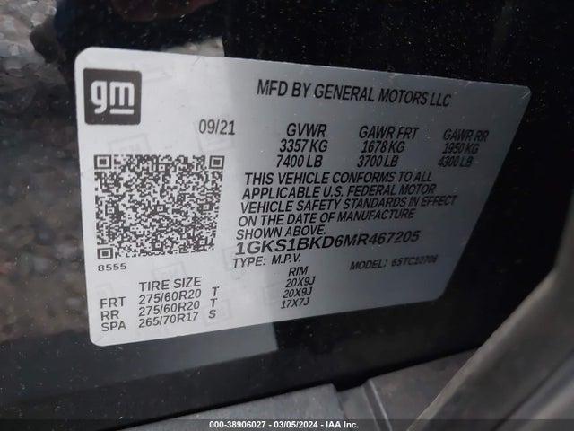 1GKS1BKD6MR467205 GMC Yukon 2wd Slt
