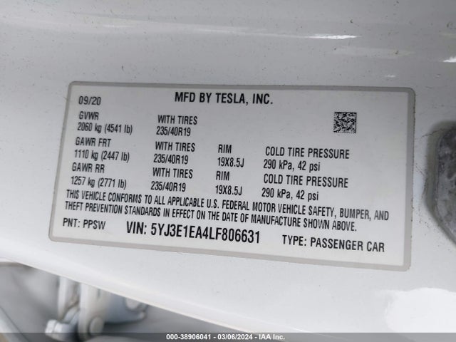 5YJ3E1EA4LF806631 Tesla Model 3 Standard Range Plus Rear-wheel Drive/standard Range Rear-wheel Drive