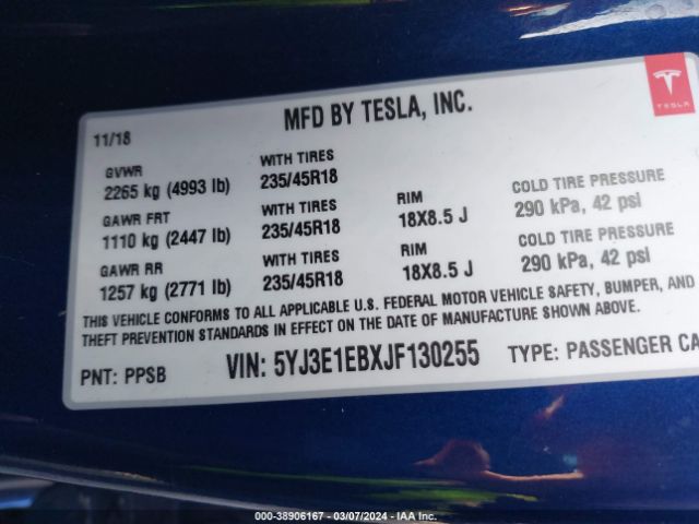 5YJ3E1EBXJF130255 Tesla Model 3 Long Range/performance