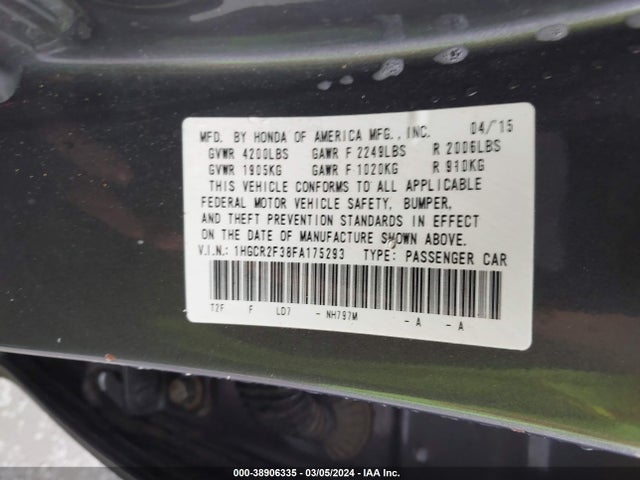 Honda ACCORD LX 2015 1HGCR2F38FA175293 Image 9