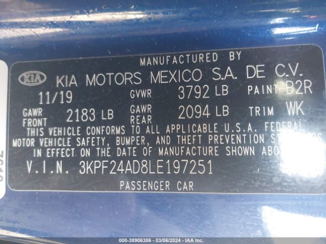3KPF24AD8LE197251 KIA Forte Lxs