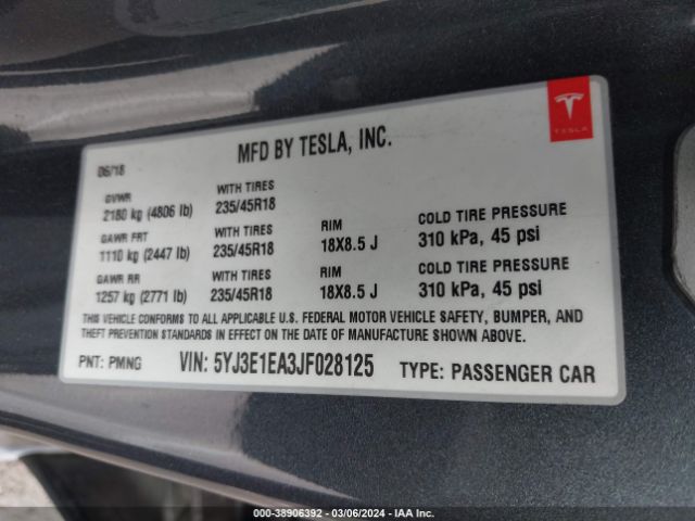 5YJ3E1EA3JF028125 Tesla Model 3 Long Range/mid Range