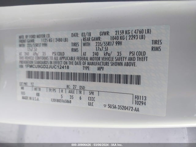 1FMCU9GD2JUC12418 Ford ESCAPE SE