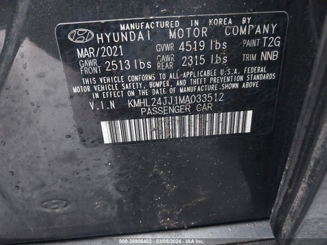 Hyundai Sonata Blue 2021 KMHL24JJ1MA033512 Image 9