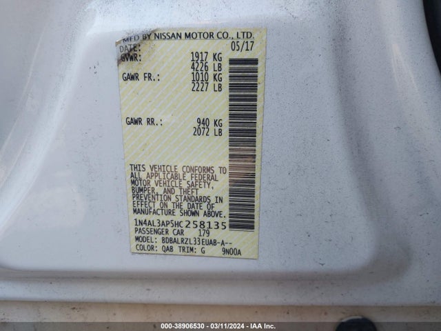 Nissan Altima 2.5 Sl 2017 1N4AL3AP5HC258135 Image 9