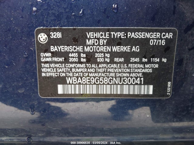 BMW 328I 2016 WBA8E9G58GNU30041 Image 9
