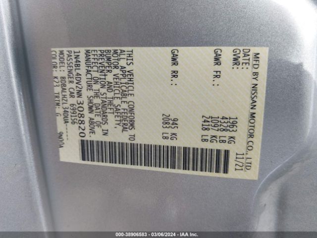 1N4BL4DV2NN308820 Nissan Altima Sv Fwd