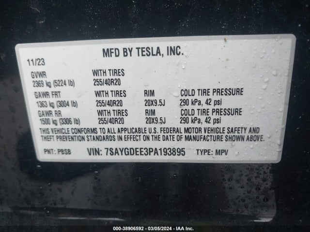 7SAYGDEE3PA193895 Tesla Model Y Awd/long Range Dual Motor All-wheel Drive