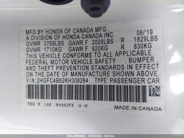 Honda Civic Lx 2019 2HGFC4B62KH308264 Image 9
