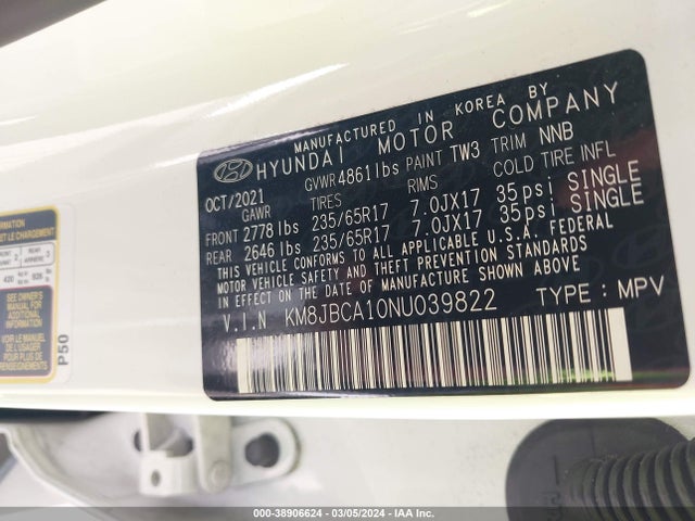 KM8JBCA10NU039822 Hyundai Tucson Hybrid Blue