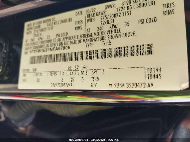 Ford F-150 Limited 2022 1FTFW1E81NFA97906 Image 9