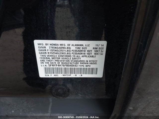 Honda Pilot Ex-l 2015 5FNYF4H76FB040443 Image 9