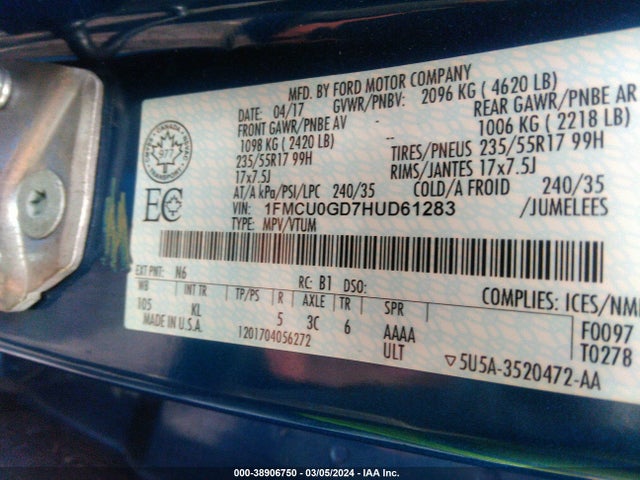 Ford ESCAPE SE 2017 1FMCU0GD7HUD61283 Image 9