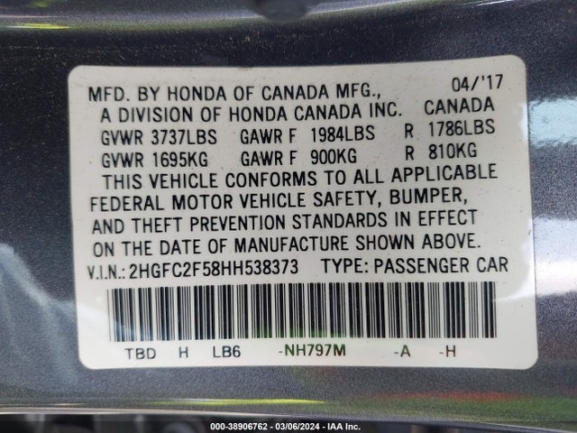 Honda Civic Lx 2017 2HGFC2F58HH538373 Image 9