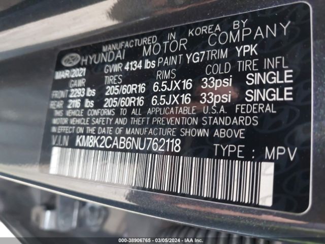 KM8K2CAB6NU762118 Hyundai Kona Se