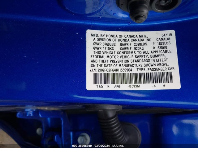 Honda Civic Lx 2019 2HGFC2F64KH559964 Image 9