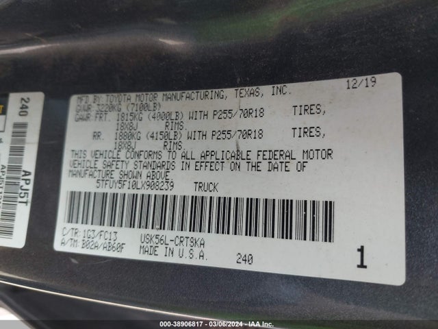 Toyota Tundra Sr5 2020 5TFUY5F10LX908239 Image 9