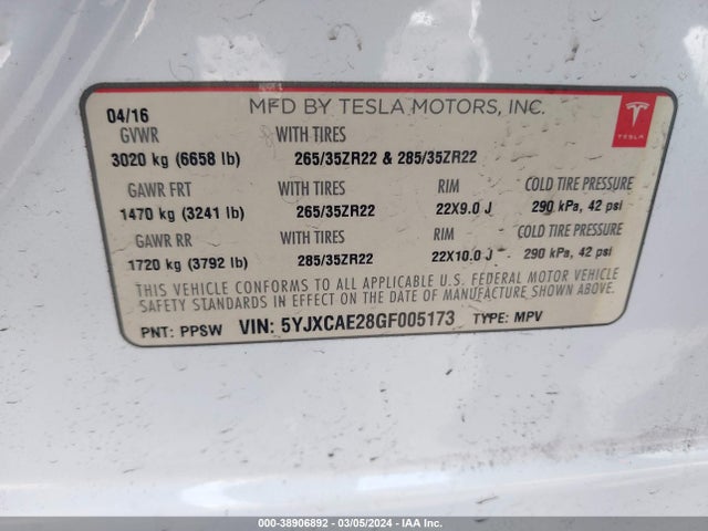 Tesla Model X 60d/70d/75d/90d 2016 5YJXCAE28GF005173 Image 9