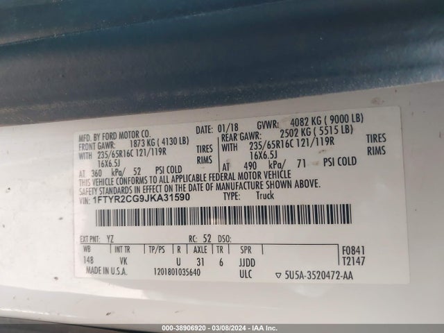 Ford Transit-250 2018 1FTYR2CG9JKA31590 Image 9