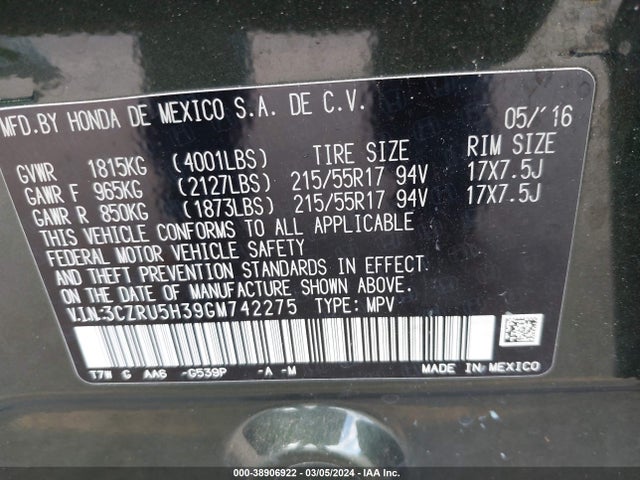 Honda HR-V LX 2016 3CZRU5H39GM742275 Image 9