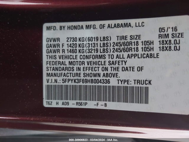 Honda Ridgeline Rtl-t 2017 5FPYK3F69HB004336 Image 9