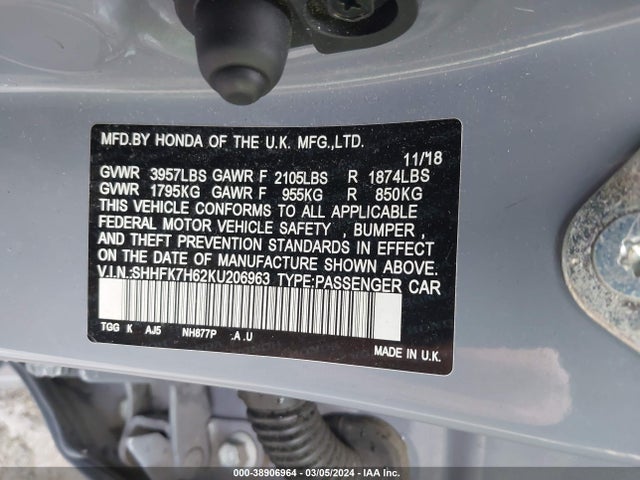 Honda CIVIC EX 2019 SHHFK7H62KU206963 Image 9