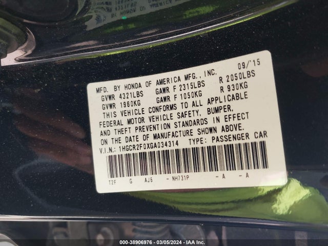 Honda ACCORD EX 2016 1HGCR2F0XGA034314 Image 9