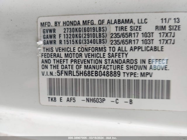 Honda Odyssey Ex-l 2014 5FNRL5H68EB048889 Image 9