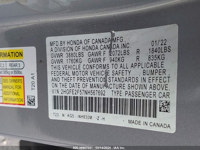 Honda Civic Sport 2022 2HGFE2F57NH567692 Image 9